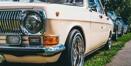 Close up of the front of a classic car