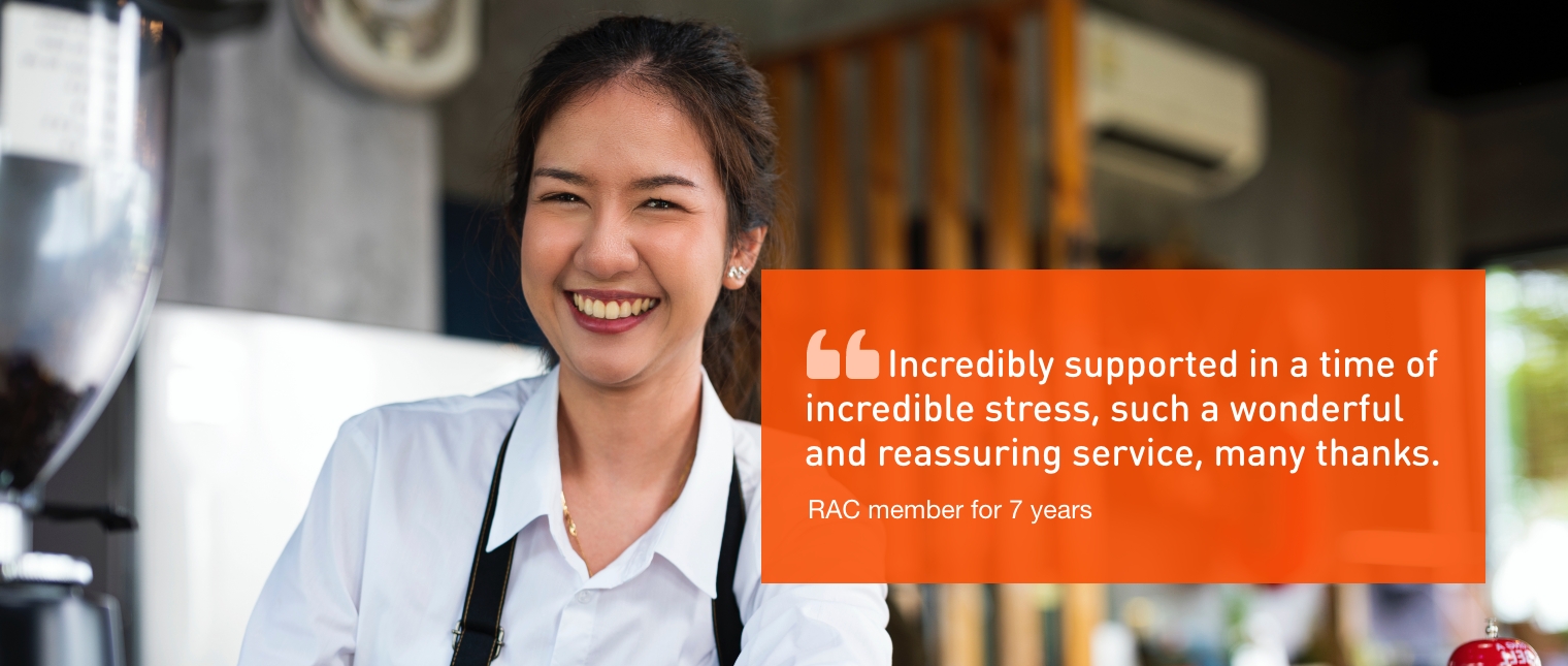 A smiling lady in a shirt. Quote: 'incredibly supported in a time of incredible stress, such a wonderful and reassuring service, many thanks.' RAC member for 7 years