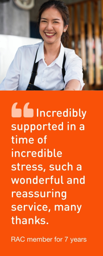 A smiling lady in a shirt. Quote: 'incredibly supported in a time of incredible stress, such a wonderful and reassuring service, many thanks.' RAC member for 7 years