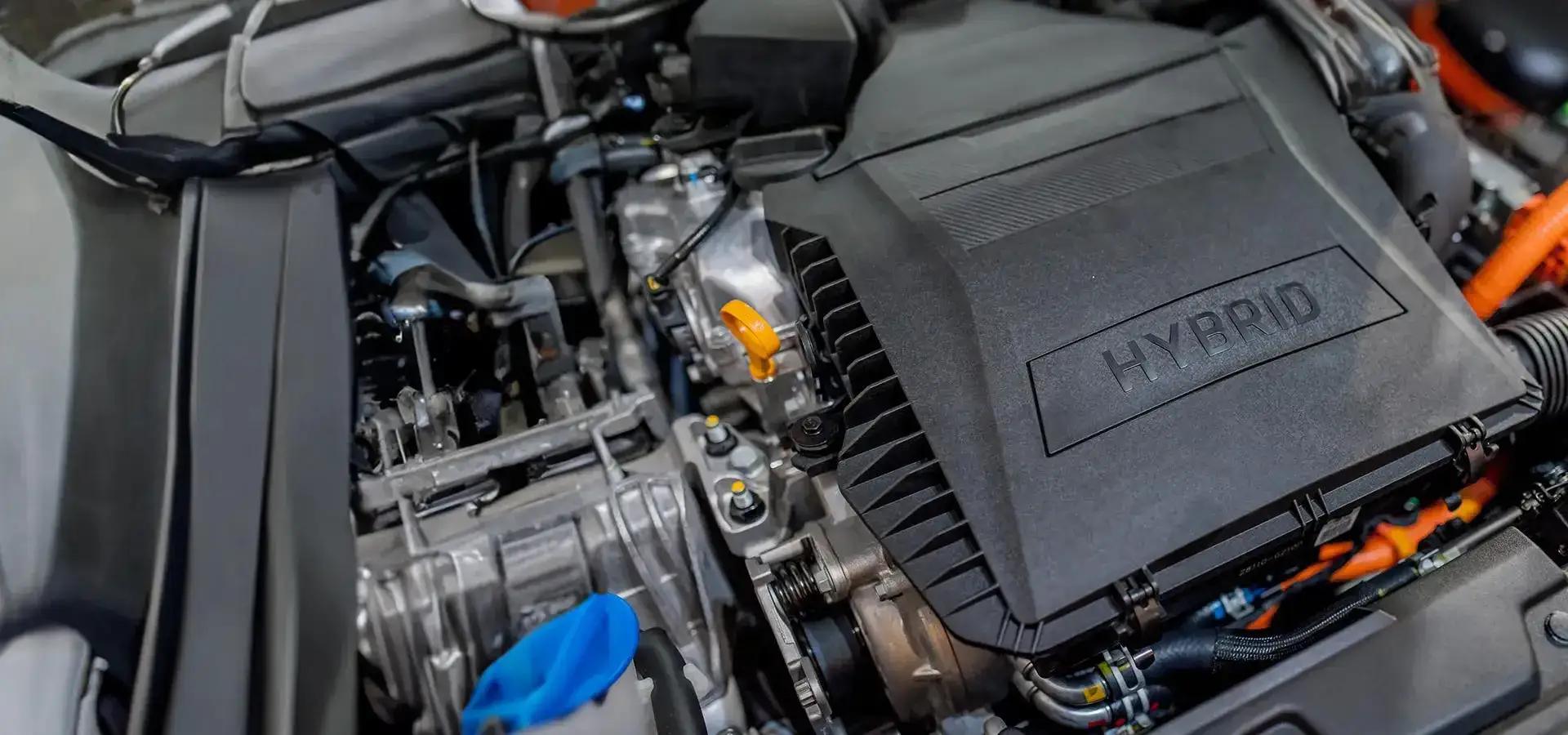 A close up of a hybrid car engine