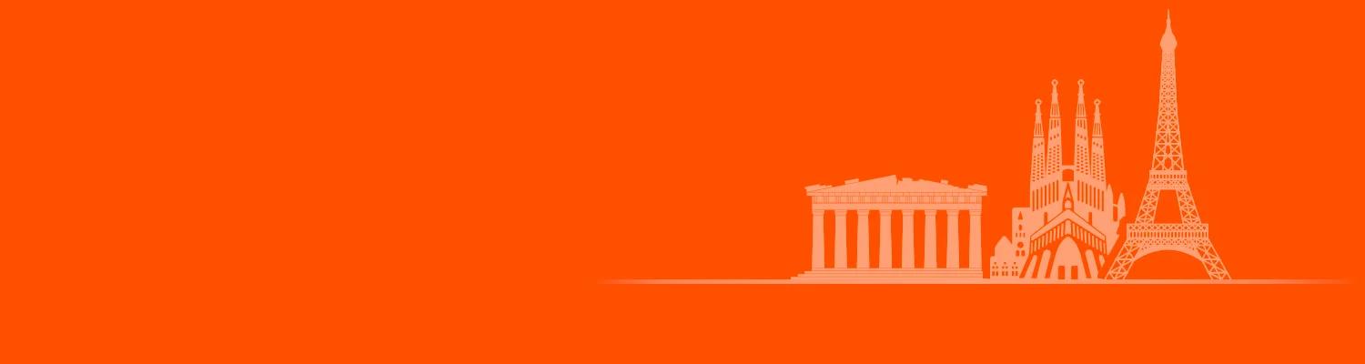 Orange background with vector images of famous landmarks across Europe