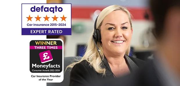 Call centre lady promoting Defaqto 5 star rating for car insurance 2024 and Moneyfacts Consumer Awards winner 2023