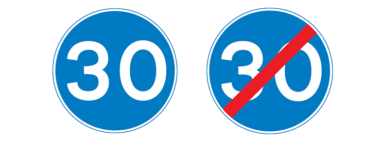 blue circular 30mph speed limit signs