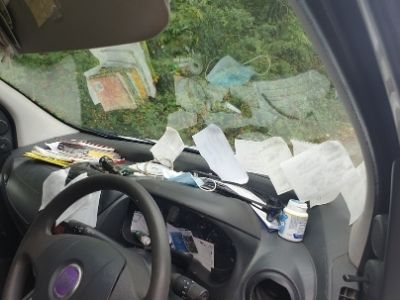 rubbish on van dashboard
